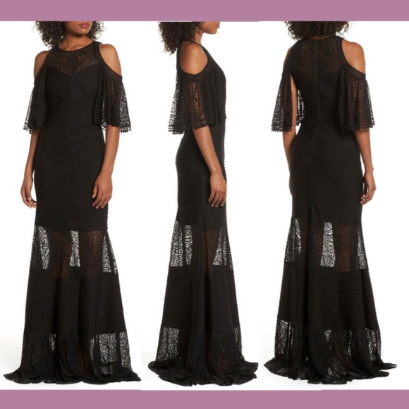 NEW $548 Tadashi Shoji [ PLUS 2X ] Esme Cold Shoulder Lace Gown in‎ Black - Picture 1 of 14